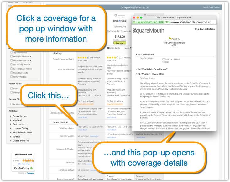 Click any travel insurance coverage to see a helpful pop up with more details